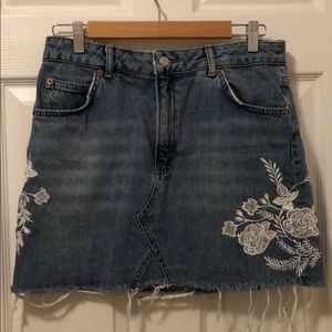 TopShop jean skirt with floral stitching